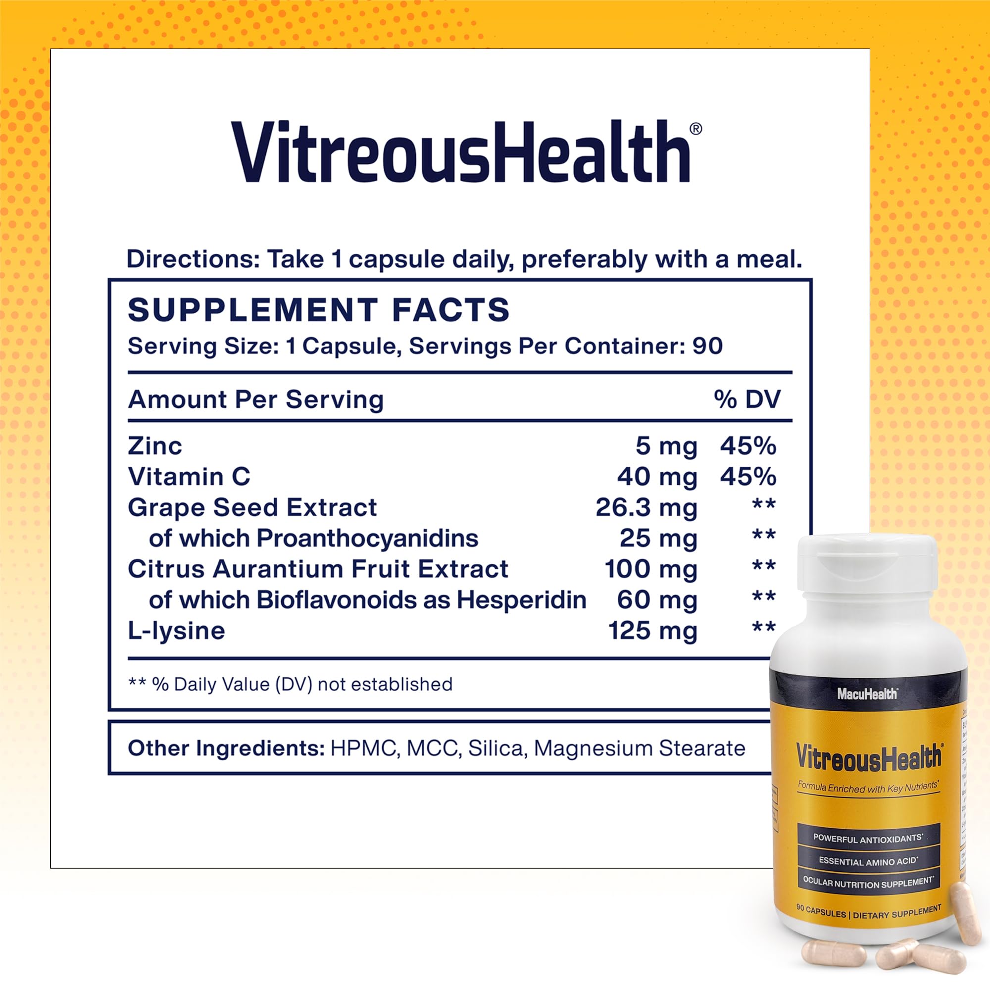 Macuhealth VitreousHealth Evidence-Based Eye Supplement - Ocular Nutrition | 90 capsules, with Zinc, Grape Seed Extract, with Citrus Aurantium Fruit Extract, L-lysine - Promotes Clearer Vision