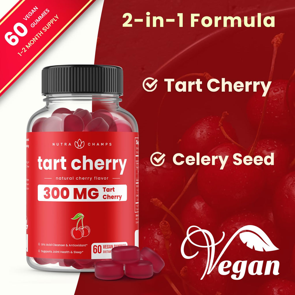 Tart Cherry Gummies with Celery Seed – Potent 10:1 Tart Cherry Extract for Uric Acid Support, Joint Health, Muscle Recovery & Sleep – Vegan Gummies – 120 Count – Third Party Lab Tested, Vegan, Non-GMO