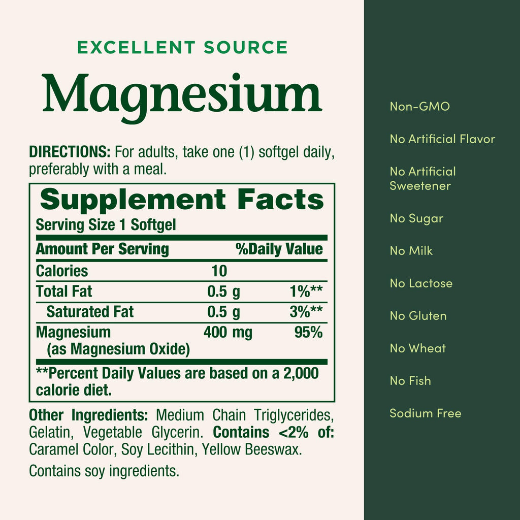 Nature's Bounty Magnesium 400mg Softgel, Whole Body Support, 75 Count