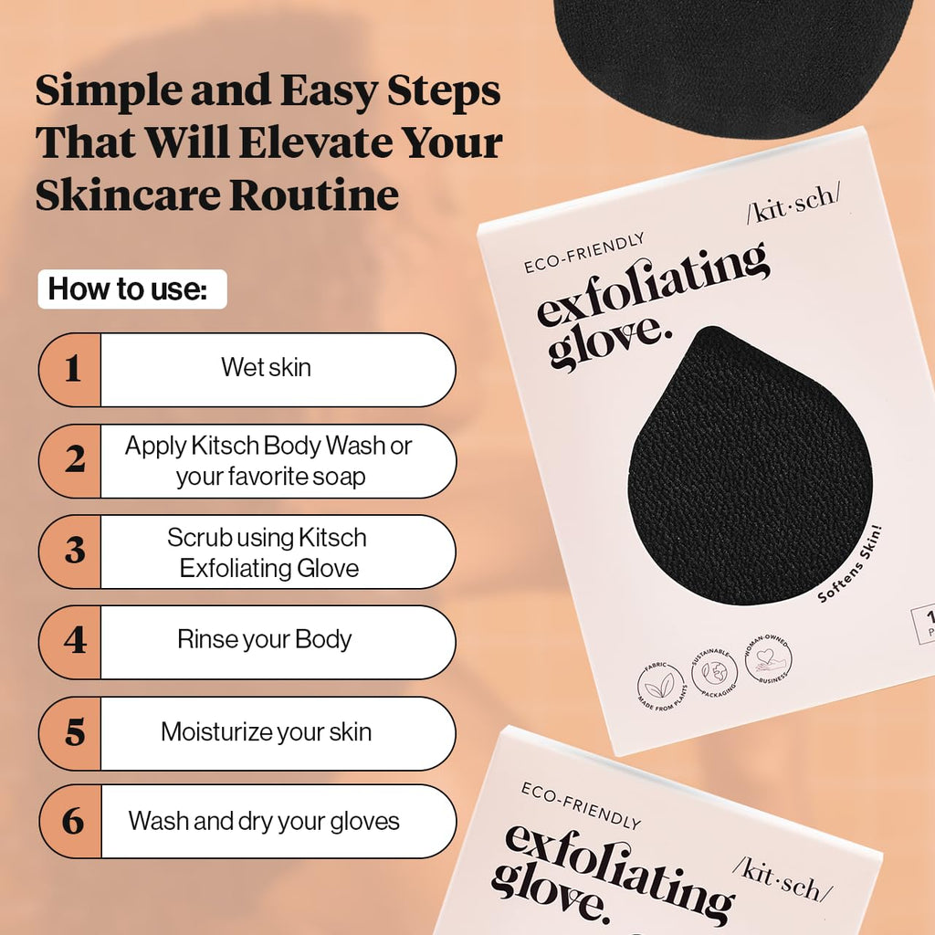 Kitsch Exfoliating Glove 1pc – Exfoliating Mitt - Black | Korean Exfoliating Mit & Deep Exfoliating Body Scrubber for Shower, Bath | Body Exfoliator Glove, Dead Skin Remover