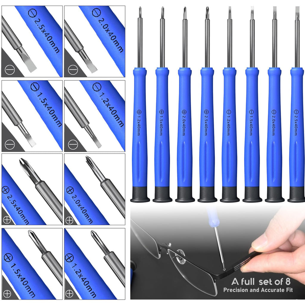 Eye Glasses Repairing Kit, MINGFIX Magnetic Eyeglass Repair Tool Set with Multiple Size Screws,8 Precision Screwdrivers,Nose Pads,Ear Grips and Tweezer with Travel Case for Glasses,Sunglasses