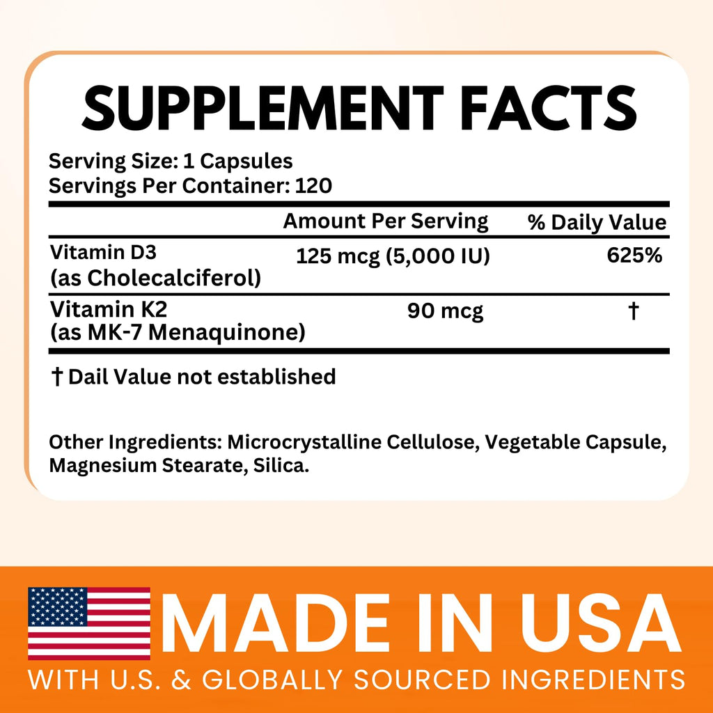VITBOOST Vitamin D3 K2 Complex - 5000 IU (125 mcg) D3 & K2 (MK-7) 90 mcg | Easy to Swallow Vitamin D | Non-GMO | Gluten-Free | USA Made, 3rd Party Tested, 120 Capsules