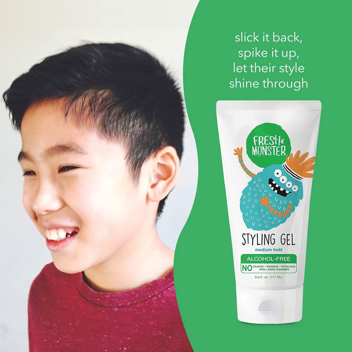 Fresh Monster Kids Hair Styling Gel, Medium Hold, Alcohol-Free, 6 oz | No Crunch or Stickiness, Toxin-Free, Sulfate/Fragrance Free, Hypoallergenic, Dermatologist Tested, Made in USA