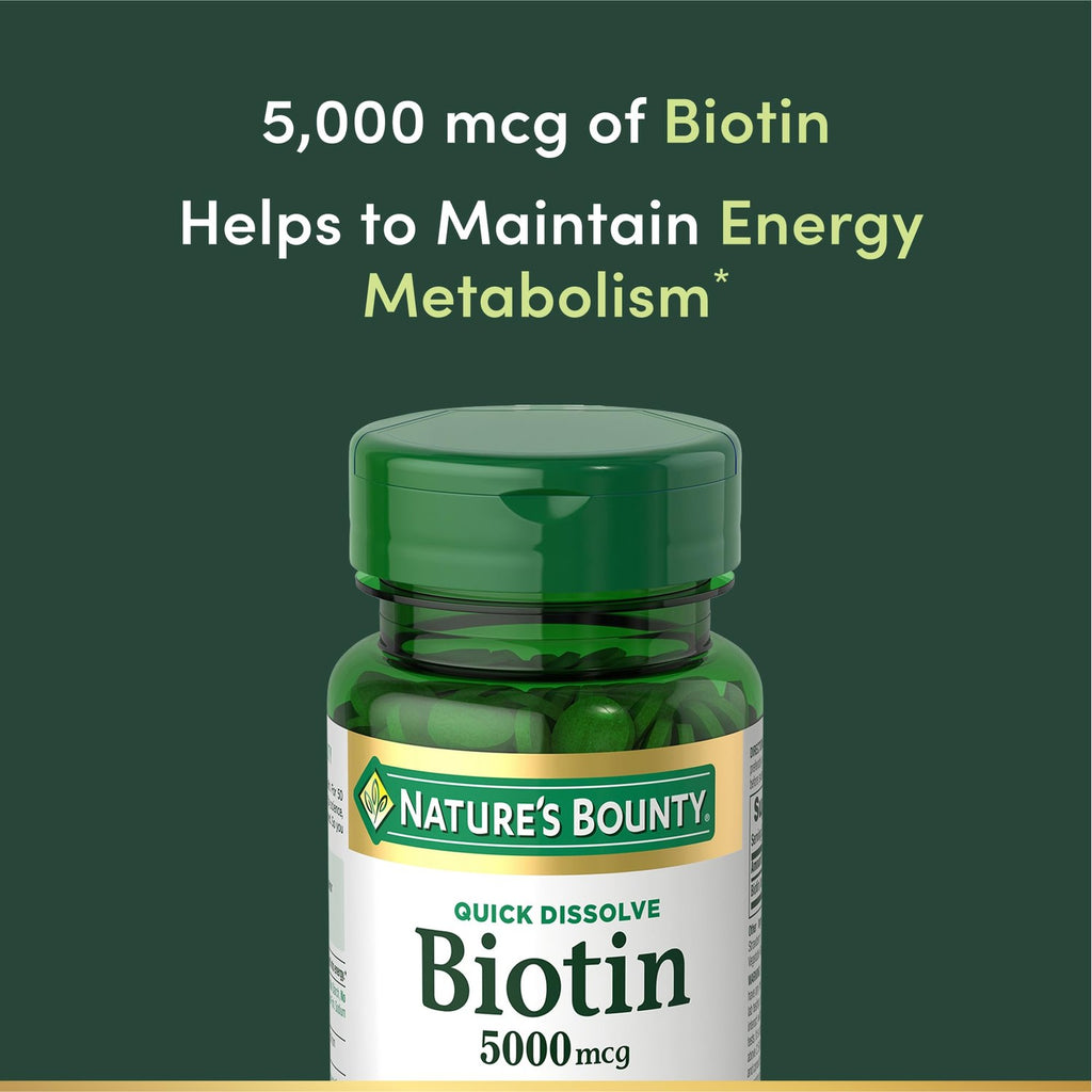 Nature's Bounty Biotin, 5000mcg, 60 Quick Dissolve Tablets | Supports Metabolism for Cellular Energy and Healthy Hair, Skin, and Nails