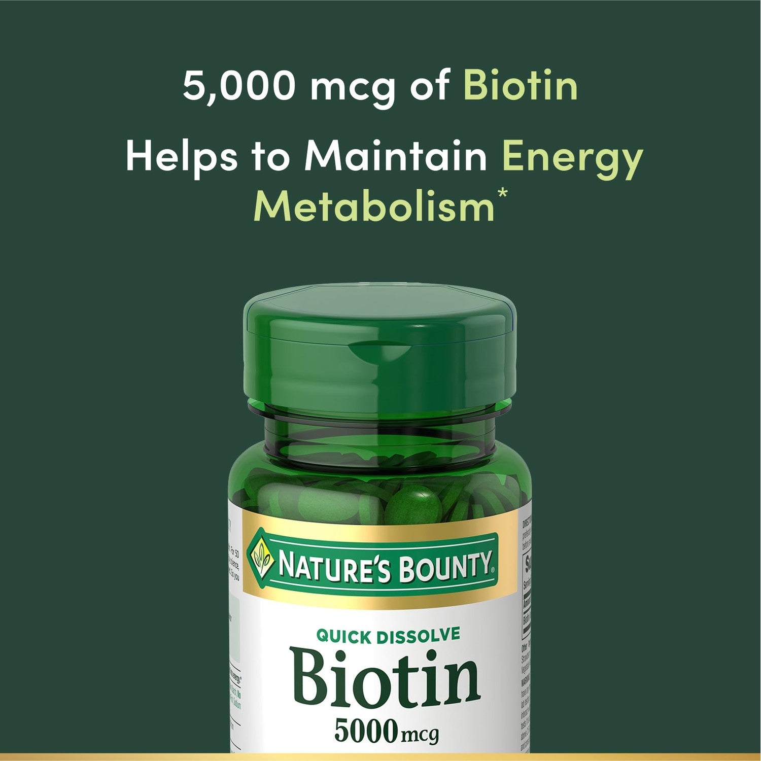Nature's Bounty Biotin, 5000mcg, 60 Quick Dissolve Tablets | Supports Metabolism for Cellular Energy and Healthy Hair, Skin, and Nails