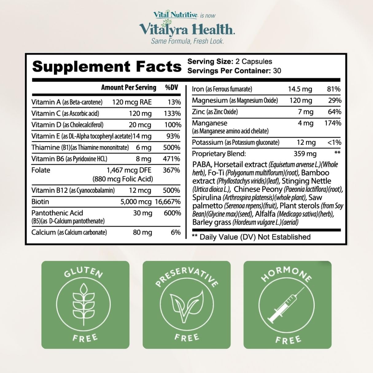 VITAL NUTRITIVE Biotin Hair Growth Vitamins - Hair, Skin & Nails Supplement | Biotin&Vitamin B Complex Blend, Thicker, Stronger Hair, Skin and Nails, Hormone Free, Gluten Free, Non-GMO, 60 Count