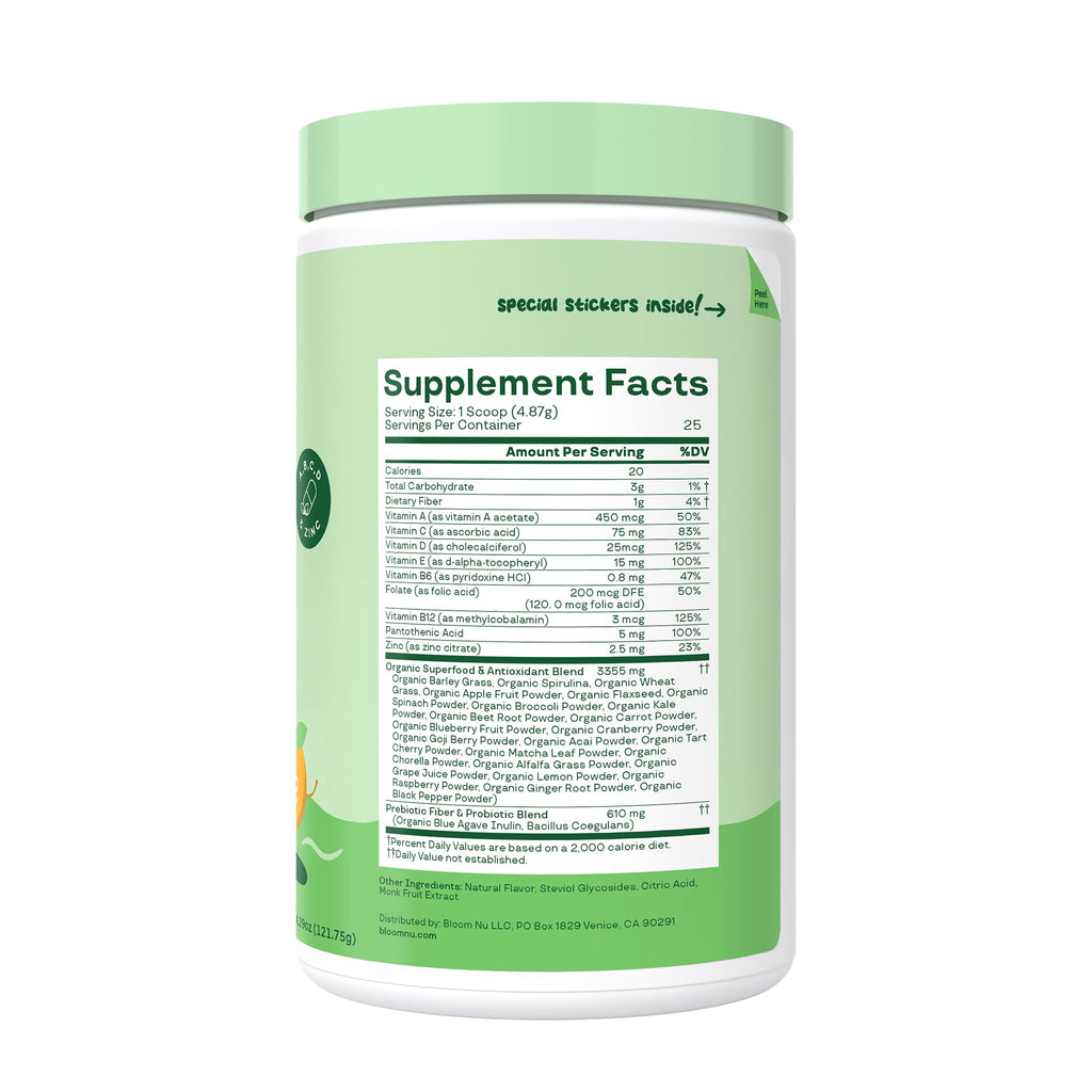 Buy now Bloom Nutrition Superfood Greens Powder for Kids, Digestive Enzymes, Probiotics, Prebiotics, Gut Health, Chlorella, Green Juice Mix w/Beet Root Powder (25 Servings (Pack of 1), Tropical Punch) at indiglob india