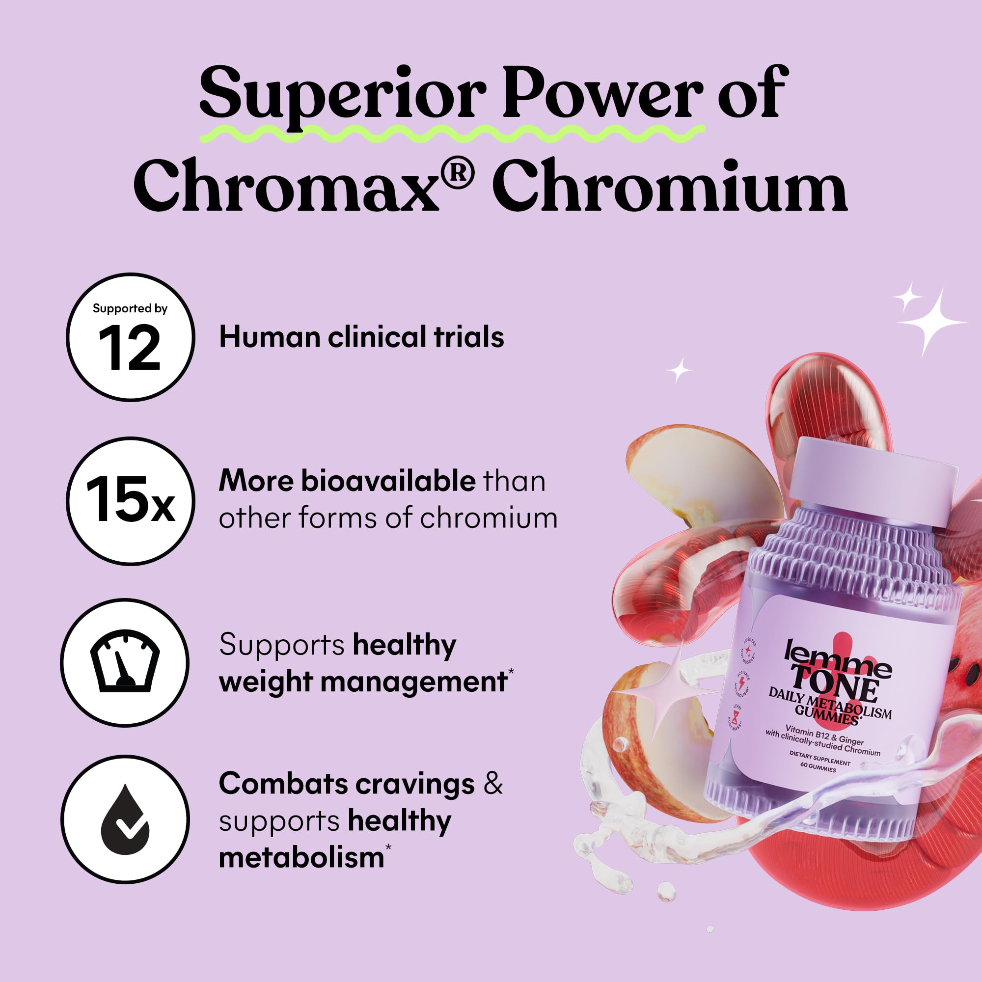 Lemme Tone Metabolism & Body Toning Gummies, 30-Day Supply | Clinically Studied Chromium & B12, Blood Sugar & Weight Management Support, Watermelon Apple Flavor