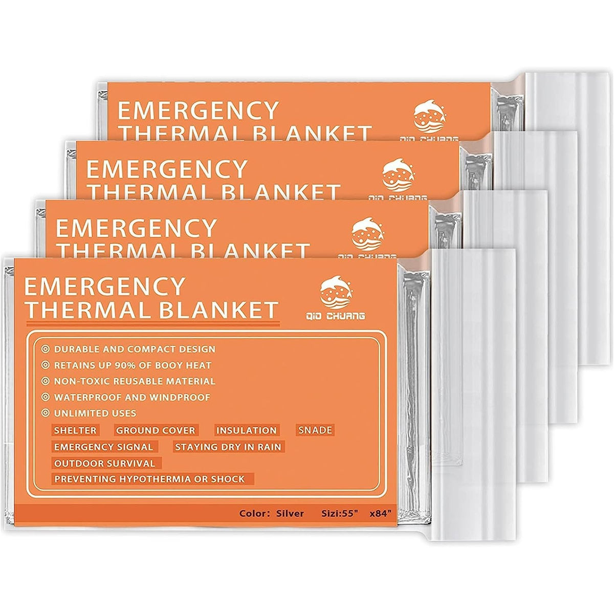 QIO CHUANG Emergency Mylar Thermal Blankets 4 Packs Survival Kit 84''x55''