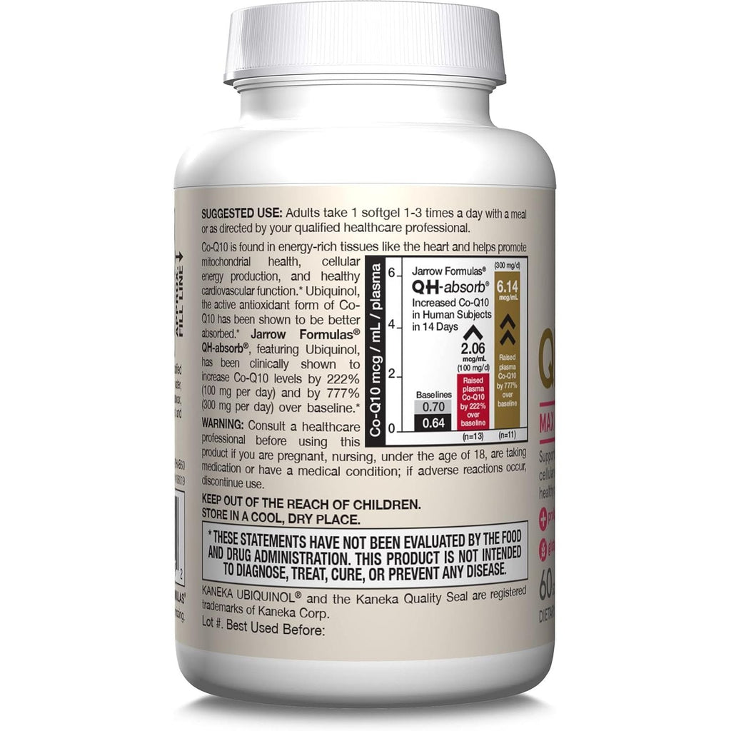 Buy now Jarrow Formulas QH-Absorb, 100 mg, Ubiquinol Dietary Supplement for Healthy Cardiovascular Function, 60 Softgels, 60 Day Supply at indiglob india