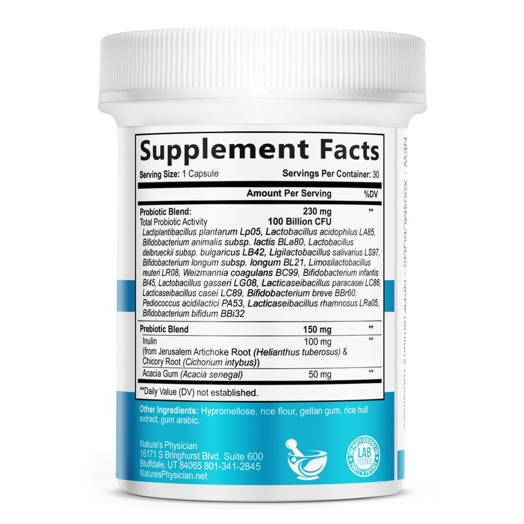 Nature's Physician Probiotics - 100 Billion CFU Per Capsule - 16 Strains + Prebiotics - Best Probiotic Supplement for Women & Men - Supports Immune, Digestive Health, Constipation & Gas - 30 Capsules