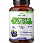 Zazzee High Strength Grape Seed 50:1 Extract, 120 Capsules, 95% Polyphenols | Vegan, 400 mg per Capsule, 4 Month Supply, Antioxidant, Circulation & Blood Flow Support, Non-GMO, Made in the USA