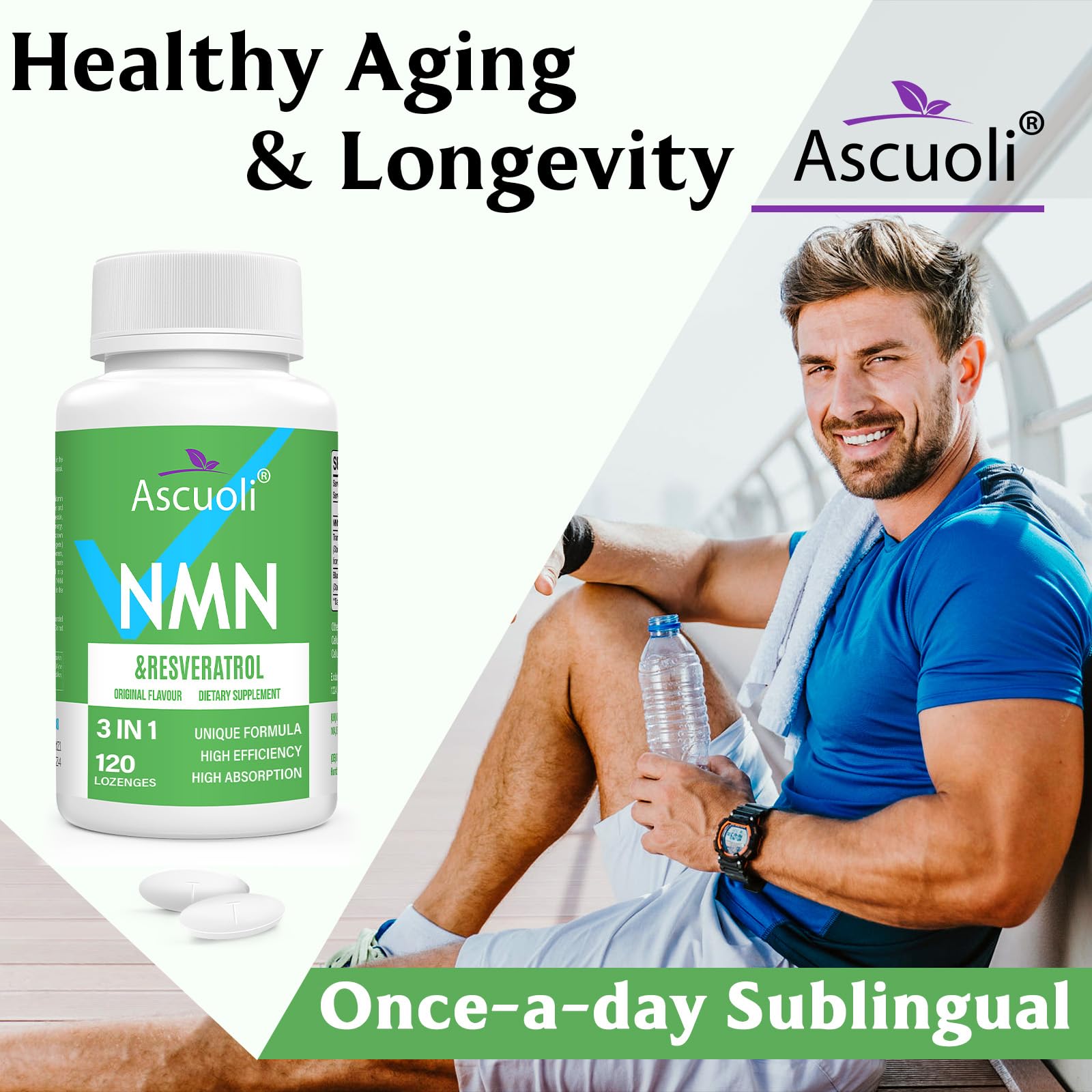 Sublingual NMN Resveratrol Supplement 950mg, 120 Lozenges (120-Day Supply) | Sublingual NMN 500mg + Trans-Resveratrol 400mg, 3-in-1 Advanced Formula for NAD, Cell, Immune, Energy & Muscle, Anti-Aging