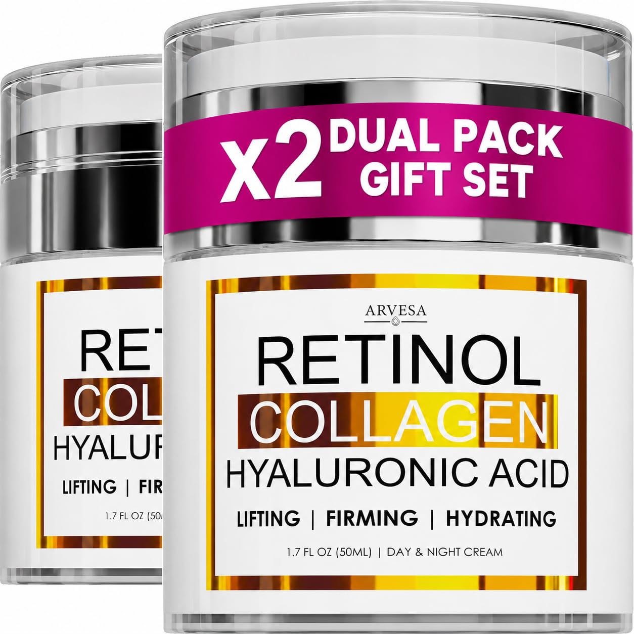 (2 Pack) Retinol Cream for Face with Collagen & Hyaluronic Acid, Non-Greasy | Anti Aging Wrinkle Cream for Women and Men - Day and Night Facial Moisturizer for Tightening and Skin Firming, Silky Feel