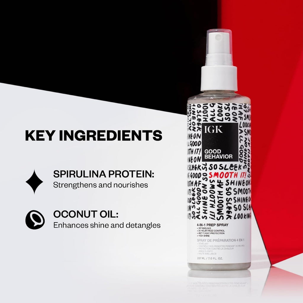 IGK Good Behavior 4-in-1 Prep Spray, Heat Protectant, Leave-In Detangler | Controls Frizz 24 Hours, Heat Protection + Shine, Weightless, Vegan, Full + Travel 7 Oz + 2 Oz