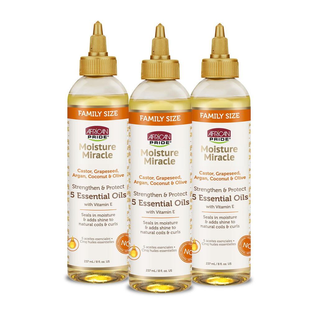 African Pride Moisture Miracle 5 Essential Hair Oils, 8 Oz | Argan, castor, grapeseed, coconut & olive oils with vitamin E for shine, strength and moisture