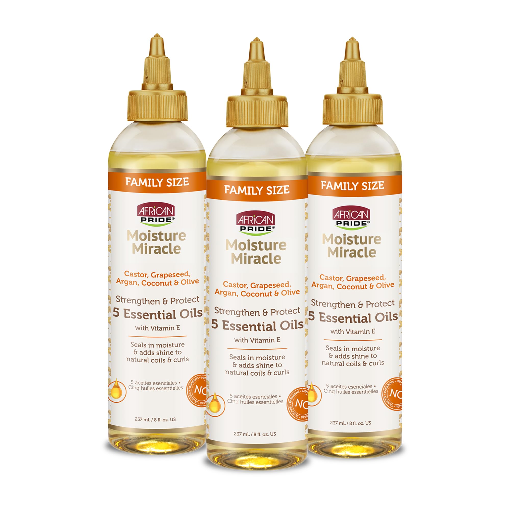 African Pride Moisture Miracle 5 Essential Hair Oils, 8 Oz | Argan, castor, grapeseed, coconut & olive oils with vitamin E for shine, strength and moisture