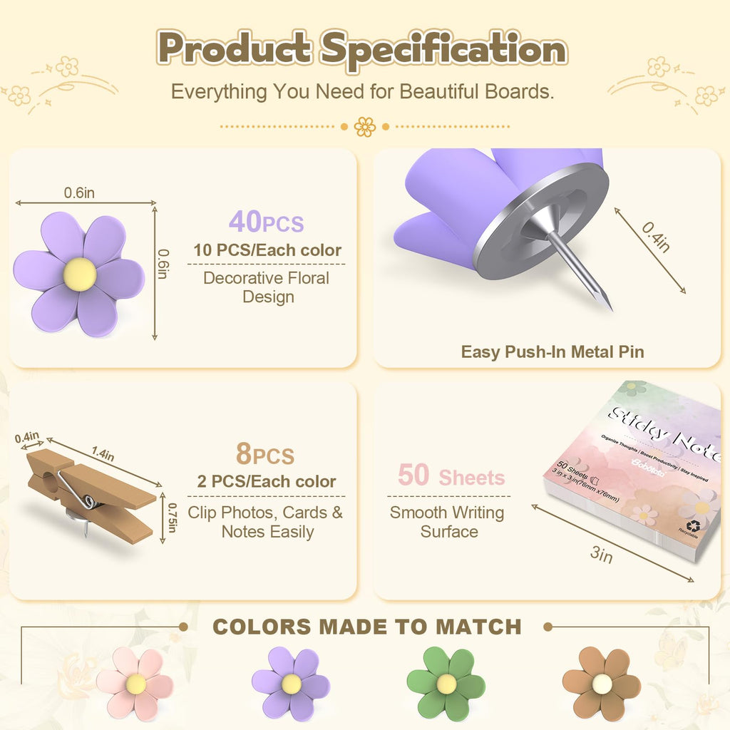 Decorative Flower Push Pins Kit, 48 PCS Cute Thumb Tacks for Bulletin Board