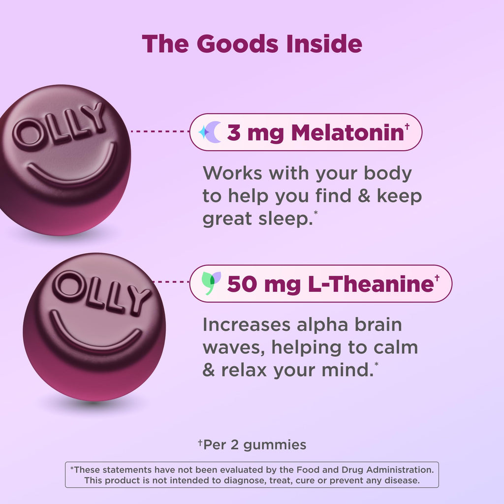 OLLY Sleep Support Gummy Supplement,* 3 mg Melatonin, L-Theanine - 90 Count