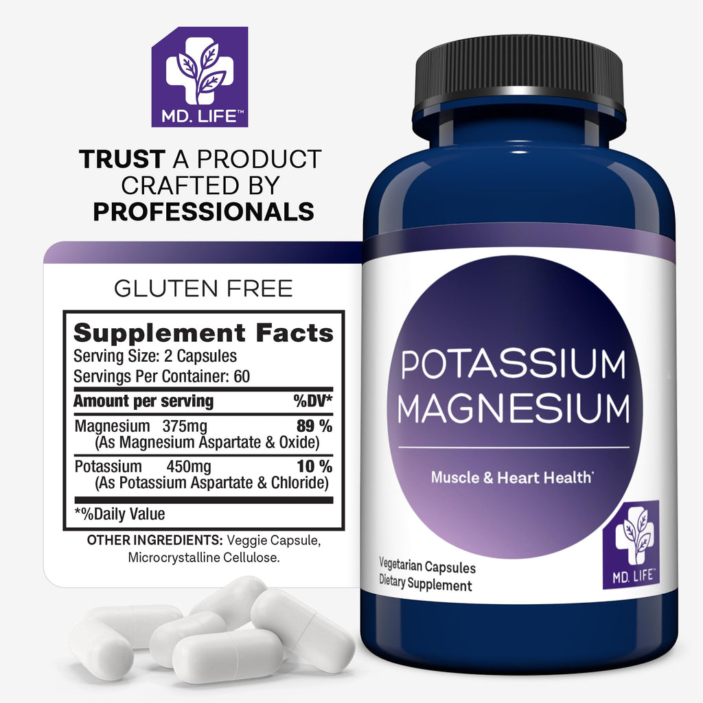 MD. Life Potassium Magnesium Supplement, High Absorption, 30 Capsules | Chelated Mineral Blend for Vascular Health, Muscle Function and Leg Cramp - Doctor Designed - Non-GMO, Vegetarian