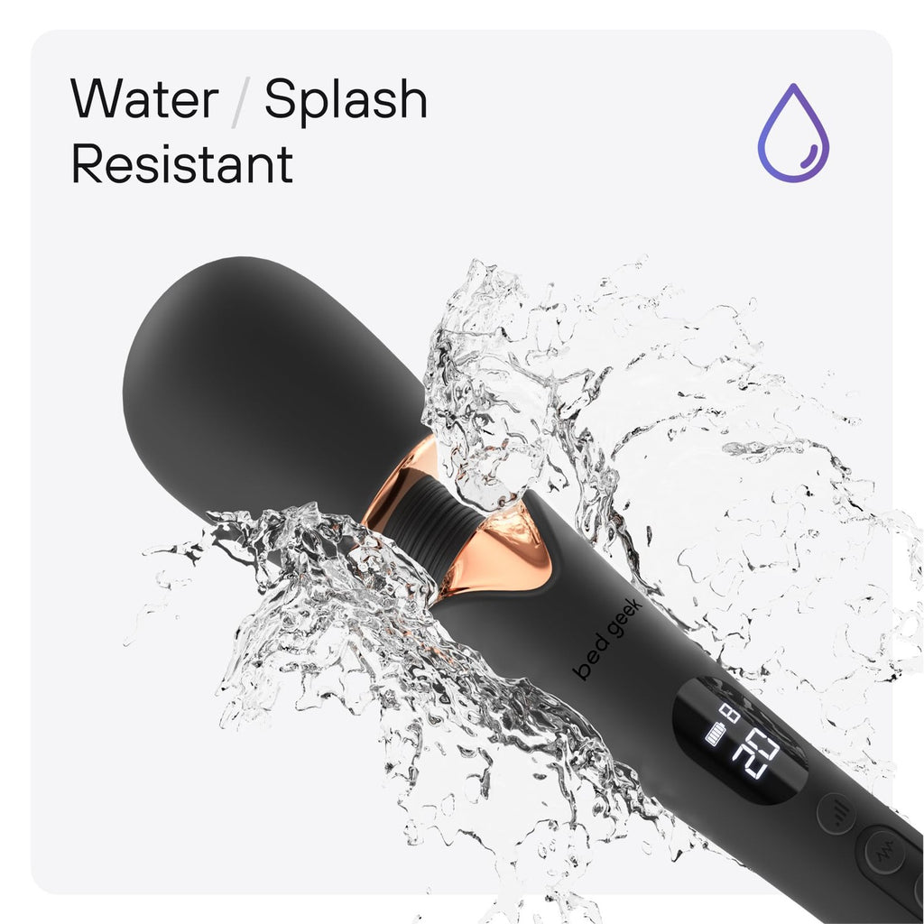 bed geek Cordless Wand Massager – Super Powerful Handheld Massage with 20 Speeds & 8 Patterns, Soft Silicone Head, Quiet Motor, LED Display, Body-Safe & Waterproof Black & Rose Gold