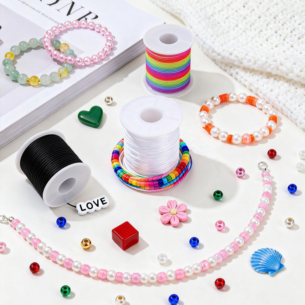 8pcs Elastic String Bracelet Making Kit, Stretchy Bracelet String (786 ft Total), 6 Rolls 1mm Stretch Cord with Scissors & 0.6mm Needle Threader for Beading and Jewelry Making.