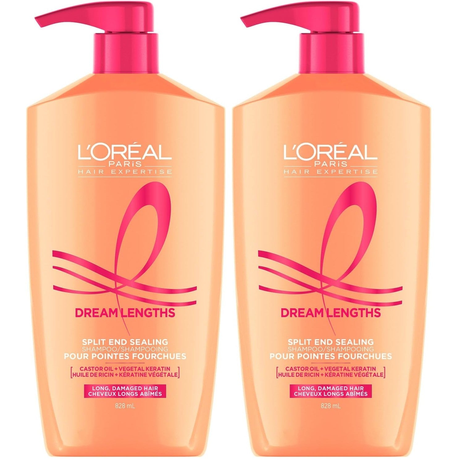 L'Oreal Paris Elvive Dream Lengths Shampoo and Conditioner Set, Seals Split Ends, Hydrating & Strengthening Hair Repair, Fine Castor Oil and Vitamins B3 and B5, 56 Fl Oz Set