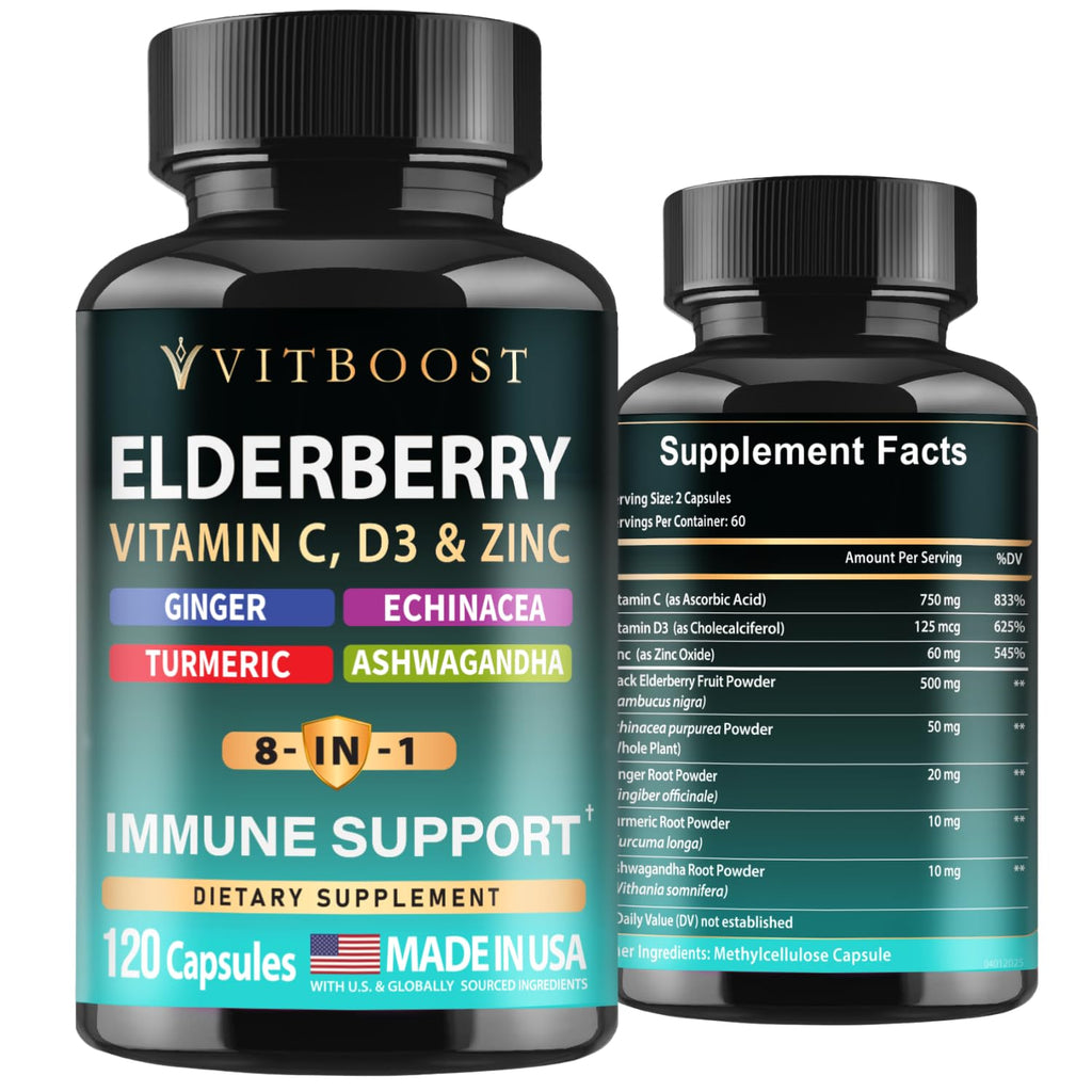 VITBOOST Elderberry Immune Support Supplement 8 in 1 with Vitamin D 5000 IU | Formula with Echinacea, Vitamin C & Zinc, Turmeric, Ginger, Ashwagandha - 60 Capsules