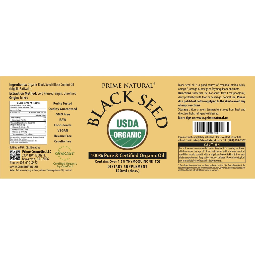 Prime Natural Organic Black Seed Oil Cold Pressed Cumin Seed Oil 4oz