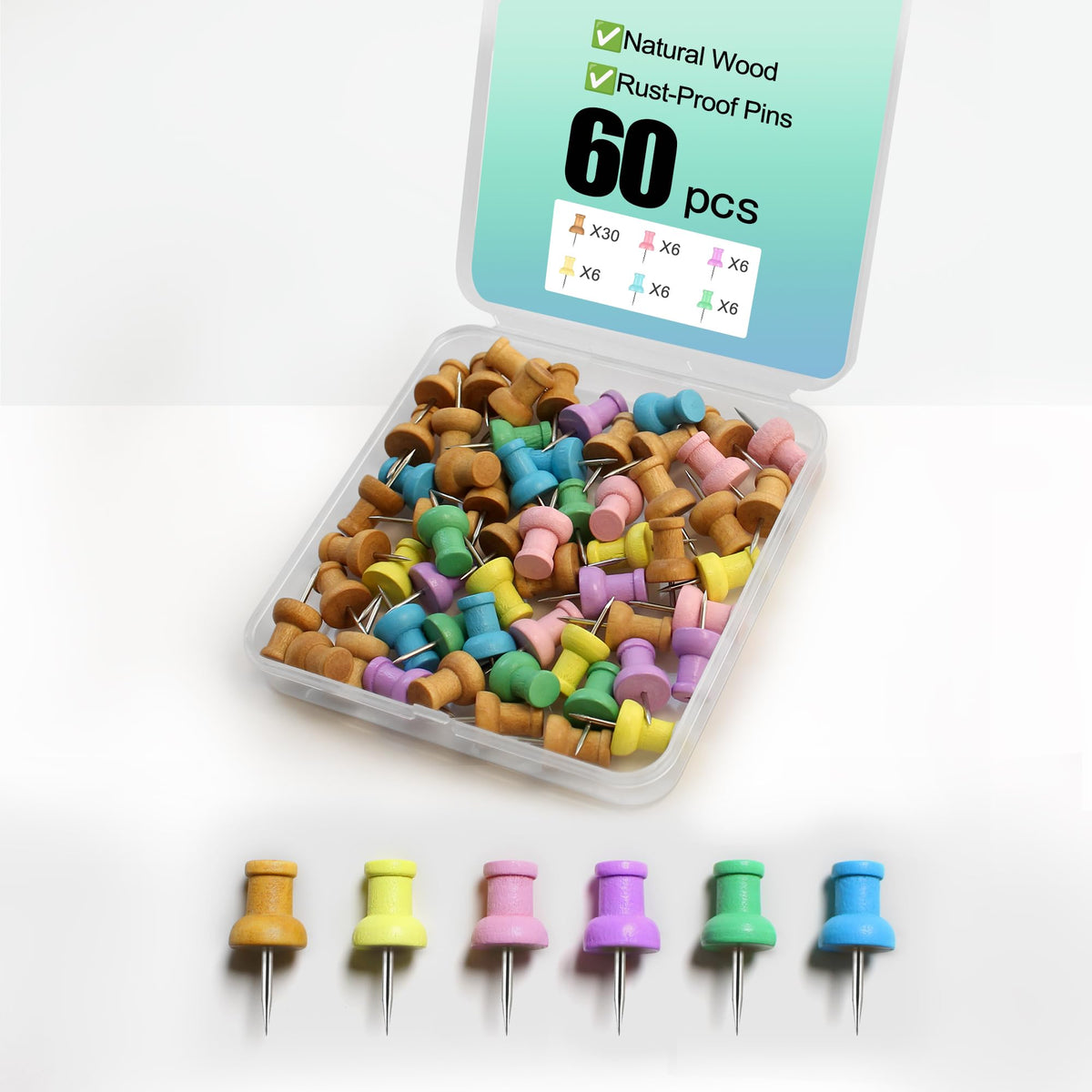 Colorful Wood Push Pins, Decorative Wooden Thumb Tacks for Cork Board and Bulletin Board, Map Pins for Wall, 60 Pieces