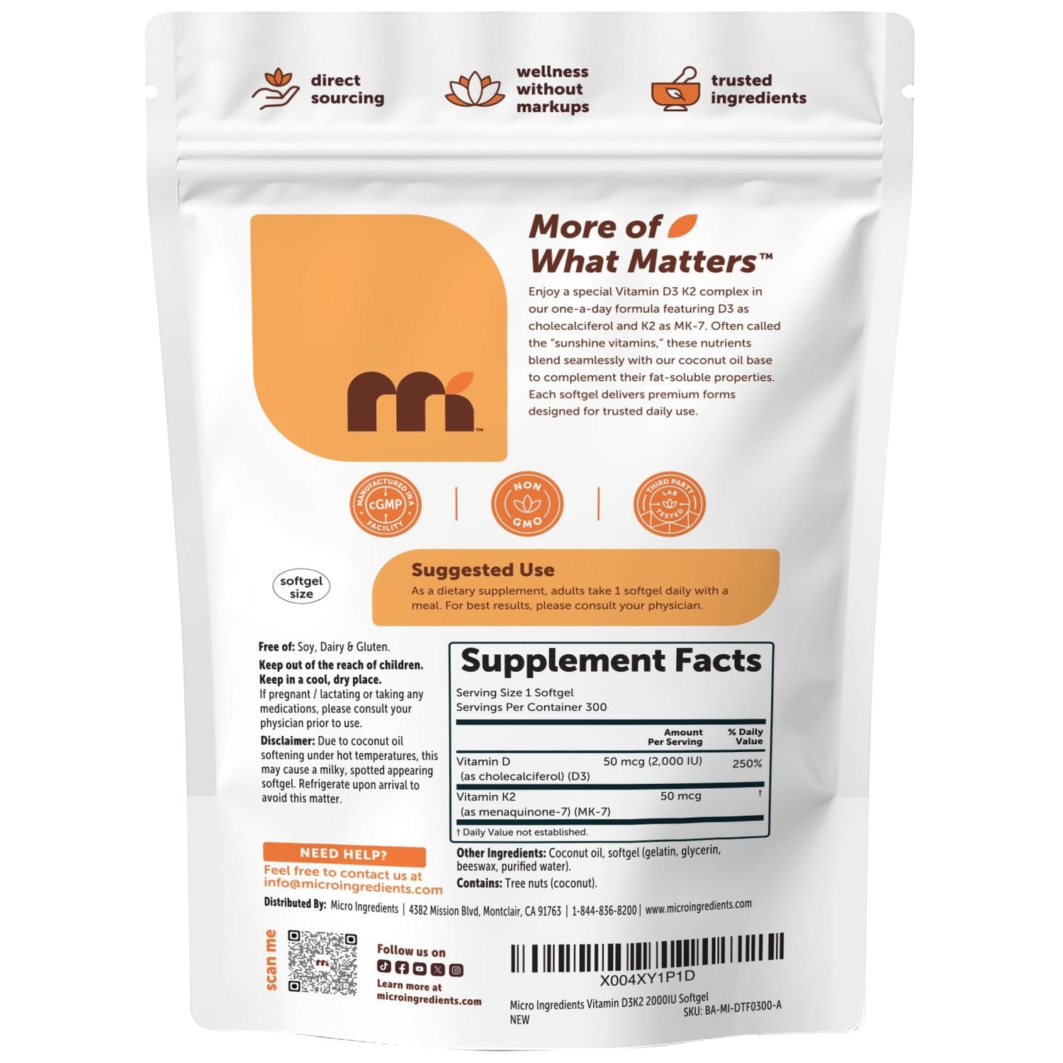 Micro Ingredients Vitamin D3 2,000 IU + K2 MK-7 50 mcg, 300 Softgels | Made with Coconut Oil | 2-in-1 Formula | Easy to Swallow, Non-GMO
