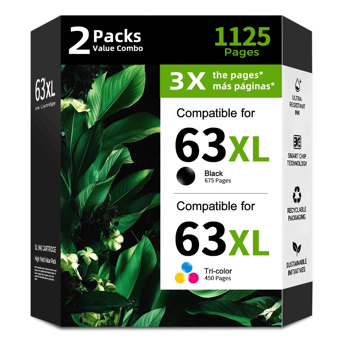63XL Ink Cartridge Replacement for HP 63 XL HP63 Black/Color Combo 2 Pack