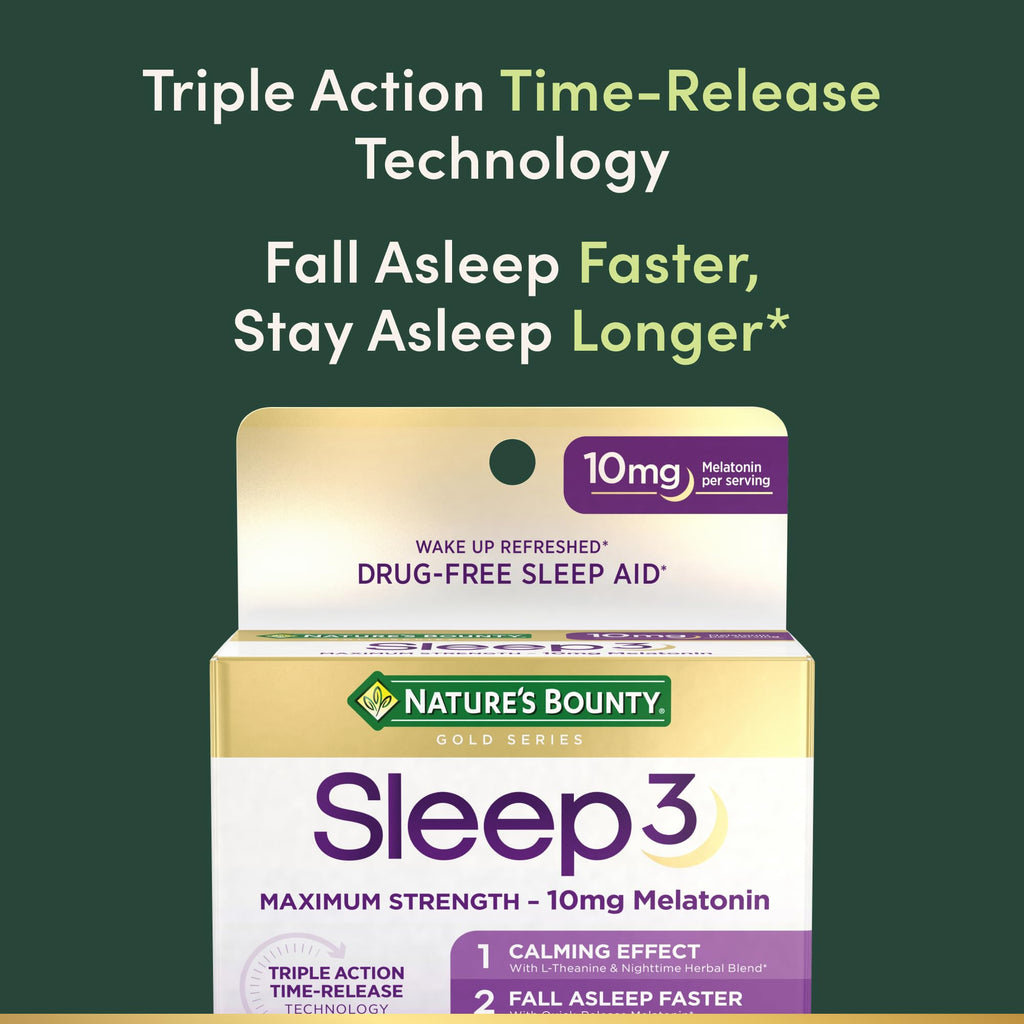 Nature's Bounty Sleep3 Melatonin 10mg, 60 Tri-Layered Tablets | Maximum Strength 100% Drug Free Sleep Aid, Dietary Supplement, L-Theanine & Nighttime Herbal Blend Time Release Technology