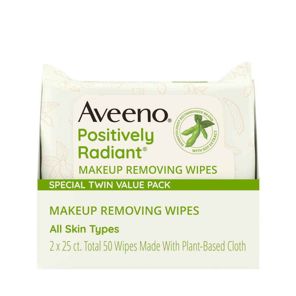 Buy now Aveeno Positively Radiant Alcohol Free Makeup Removing Face Wipes, Ultra Soft, Gentle, Non-Comedogenic Facial Cleansing Towelettes Leave Skin Feeling Clean & Soft, Sulfate Free, 25 ct soy 50 Count (Pack of 1) at indiglob india