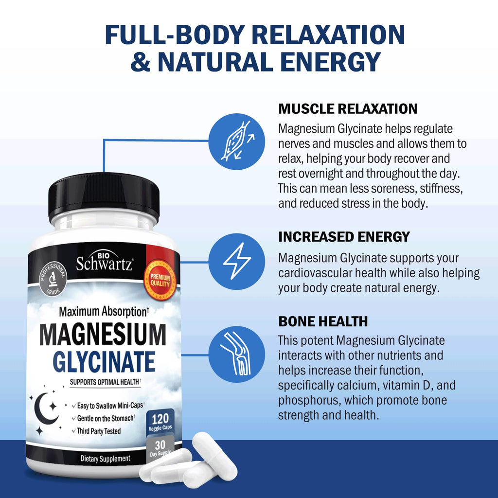 BioSchwartz Magnesium Glycinate 500mg Capsules (120 Mini Caps) | Maximum Absorption Magnesium Supplement for Healthy Nerves Muscles Heart Mood & Sleep Support (Vegan, Gluten-Free, Non-GMO)
