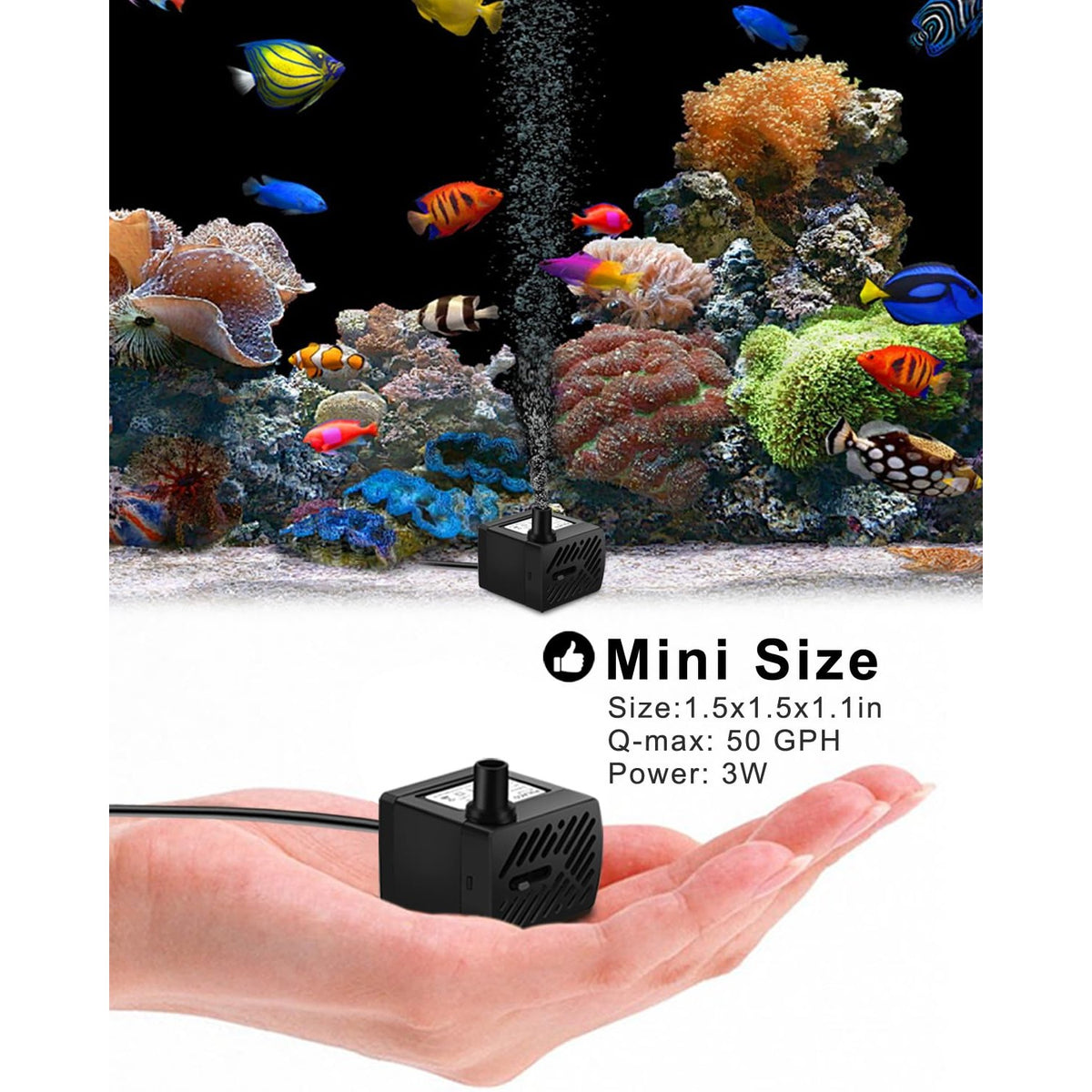 PULACO 50GPH 3W Mini Submersible Water Pump with 3.3 FT Tubing for Aquariums, Fish Tank, Pond, Fountain, Hydroponics