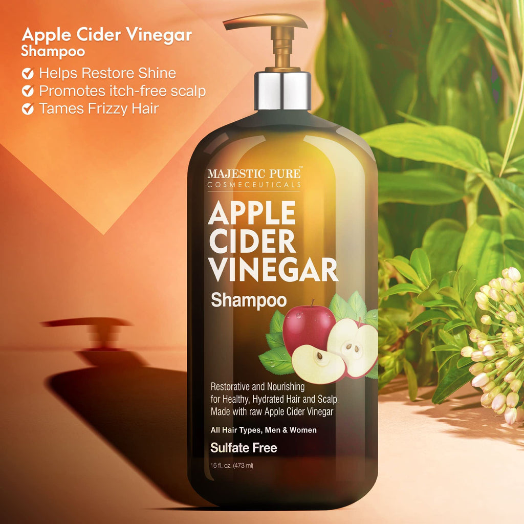 Majestic Pure Apple Cider Vinegar Shampoo, Sulfate Free - 16 Fl Oz | Ideal for daily hair cleansing, scalp care, frizz control, and maintaining soft, healthy-looking hair