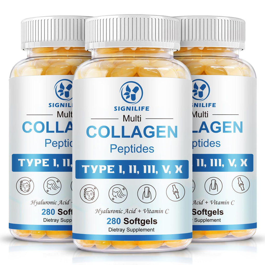 Multi Collagen Peptides for Women & Men-Type I, II, III, V, X | Hydrolyzed Collagen Peptides- with Hyaluronic Acid,Vitamin C,Biotin,Supports Skin Hair Nail, Non-GMO,280 Softgels