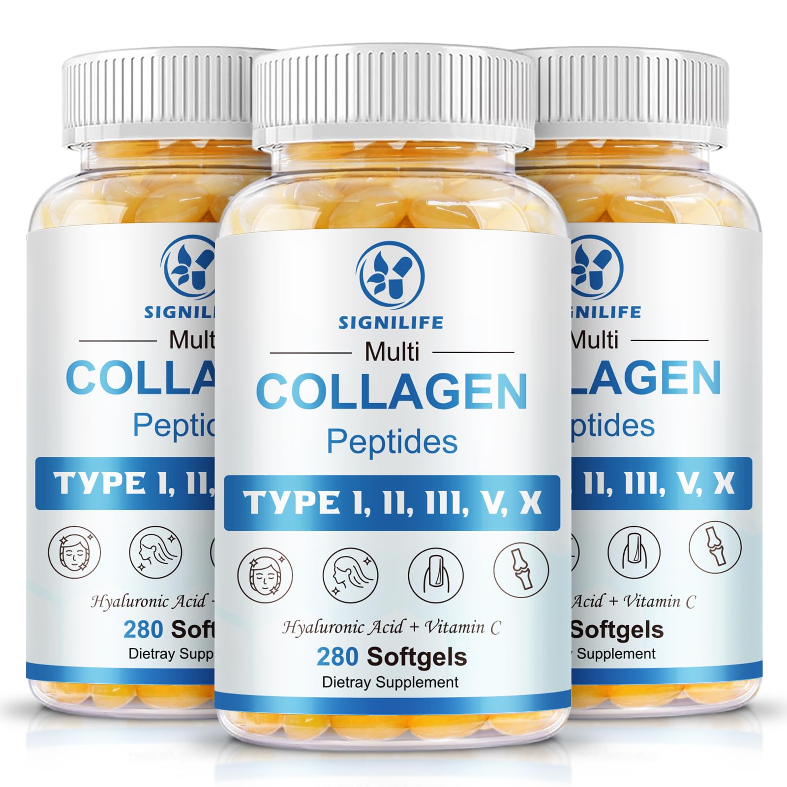 Multi Collagen Peptides for Women & Men-Type I, II, III, V, X | Hydrolyzed Collagen Peptides- with Hyaluronic Acid,Vitamin C,Biotin,Supports Skin Hair Nail, Non-GMO,280 Softgels