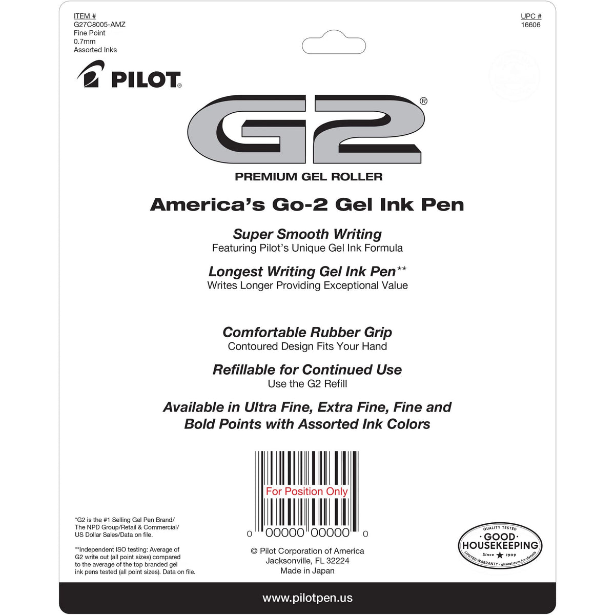 PILOT G2 Premium Gel Ink Pens, Fine Point 0.7mm, Assorted Inks, 8 Count