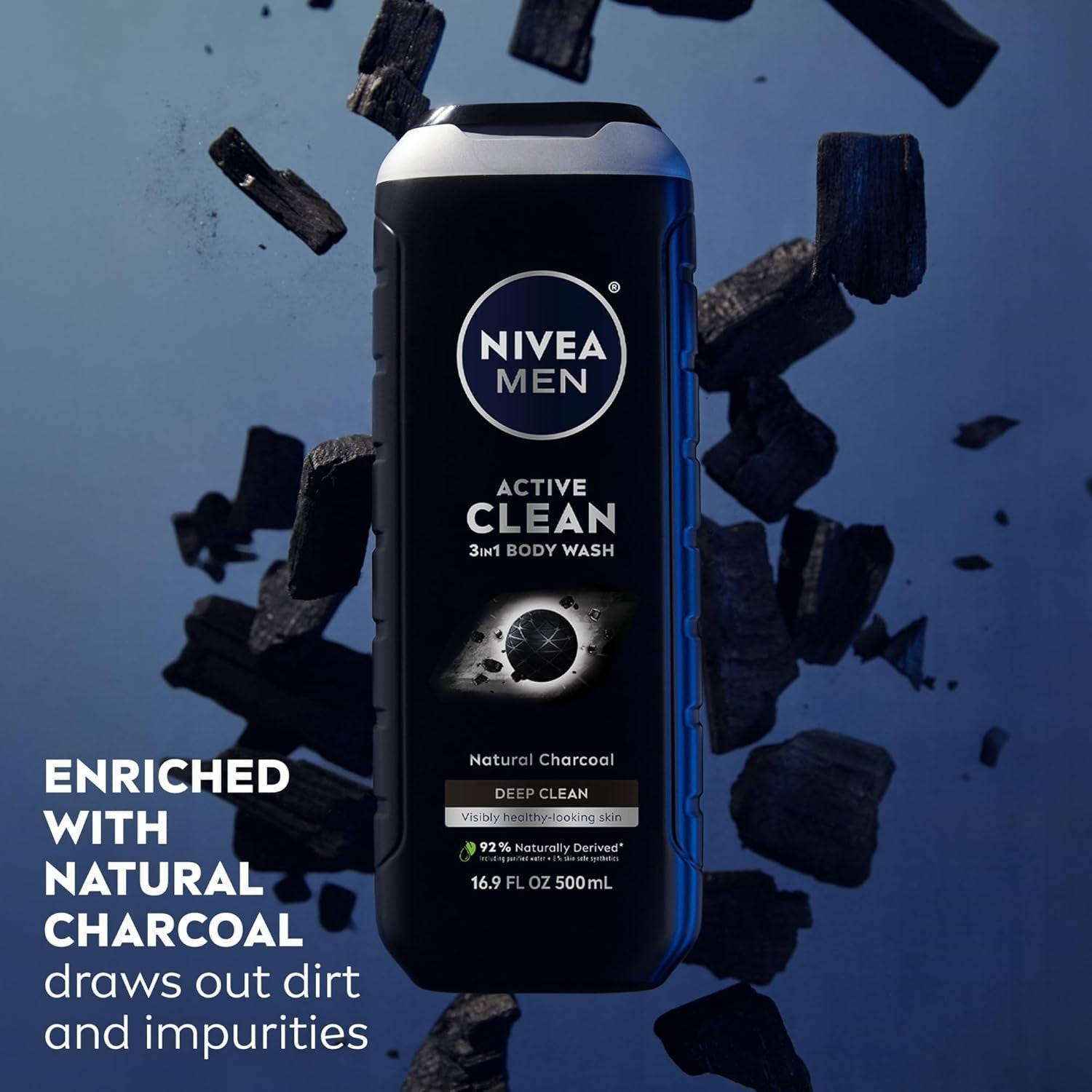 Buy now NIVEA Men Active Clean Body Wash with Natural Charcoal for Normal to Oily Skin, 3-in-1 Charcoal Body Wash, Face and Hair, Draws Out Dirt and Impurities, 16.9 Fl Oz Bottle, Pack of 3 at indiglob india