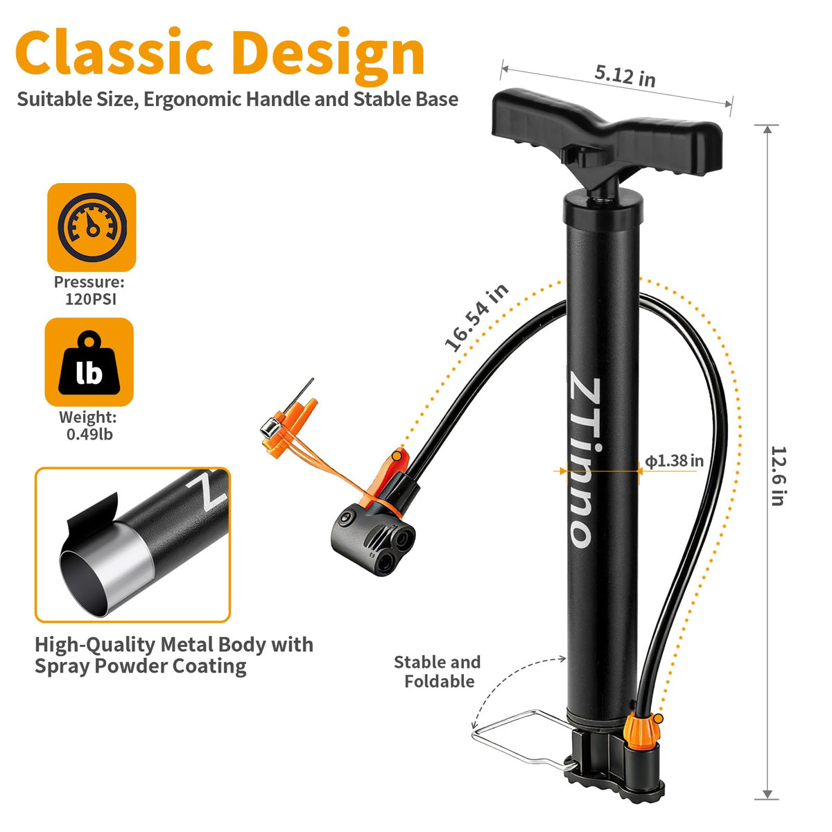 Floor Bike Pump Portable, Classic Bicycle Pump, Portable Bike Tire Pump with Dual Presta & Schrader Valves, Attached Ball Needles, Bike Air Pump for Bike Tires, Balls
