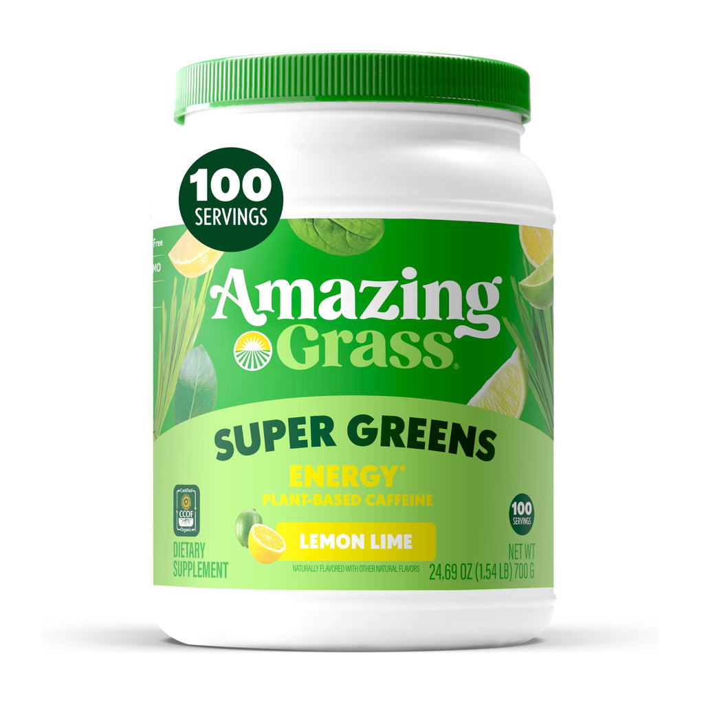 Amazing Grass Super Greens Powder Energy Lemon Lime, 30 Servings | Organic Energy Greens Powder with Plant-Based Caffeine, Yerba Mate & Green Tea Leaf for Sustained Energy & Focus