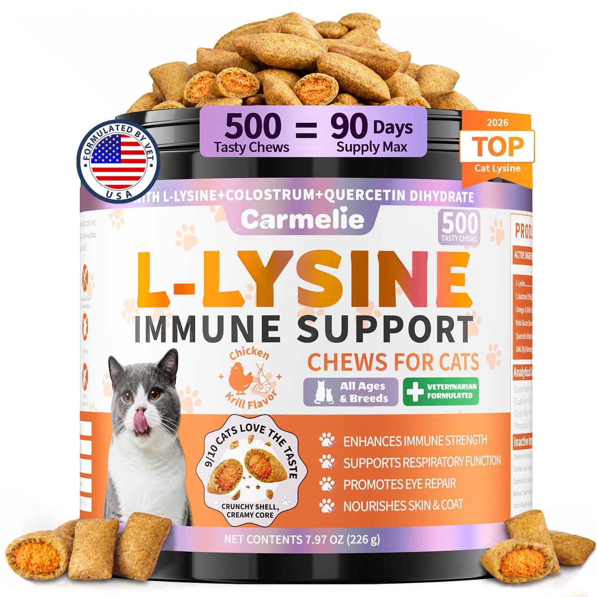 Lysine for Cats Treats for Immune Support with Colostrum, Omega-3, 500ct