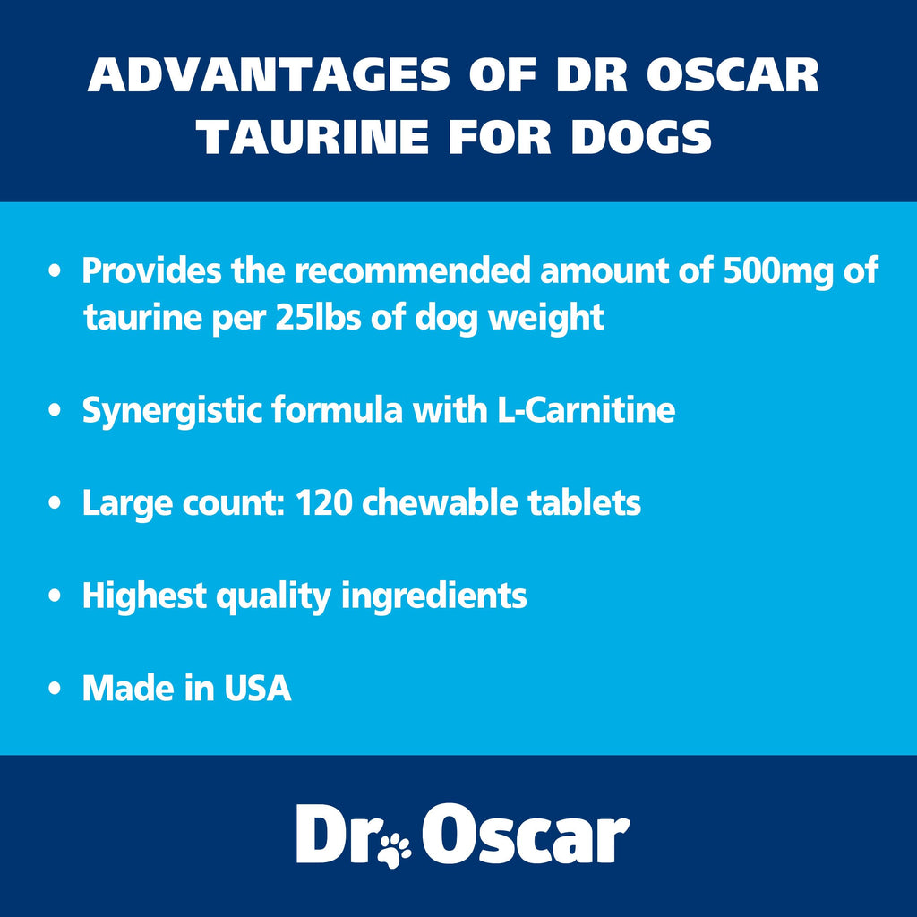 Taurine Supplement for Dogs Meets RDA of 500 mg per 25lbs Weight Unlike Most Alternatives, 120ct, Helps Maintain Dog Heart Health, Normal Function of the Cardiac Muscle & Normal Blood Flow