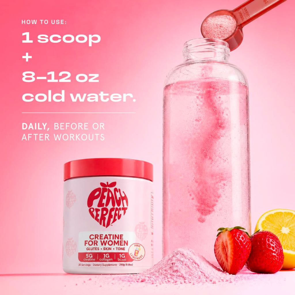 Peach Perfect Creatine for Women – Micronized Creatine Monohydrate Powder with BCAA & Collagen for Glute Strength Support, Boosts Energy, Focus, Strength, and Endurance – Pink Lemonade, 30 Servings
