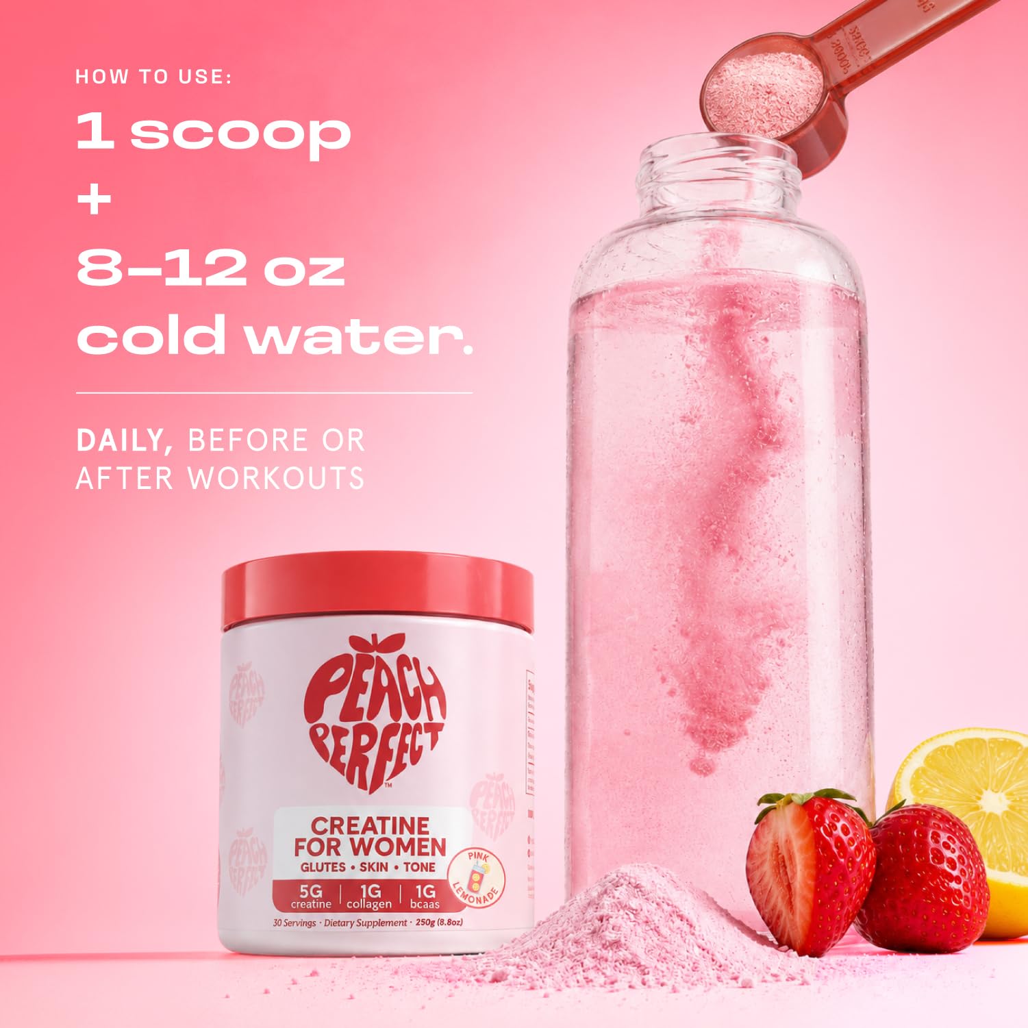 Peach Perfect Creatine for Women – Micronized Creatine Monohydrate Powder with BCAA & Collagen for Glute Strength Support, Boosts Energy, Focus, Strength, and Endurance – Pink Lemonade, 30 Servings