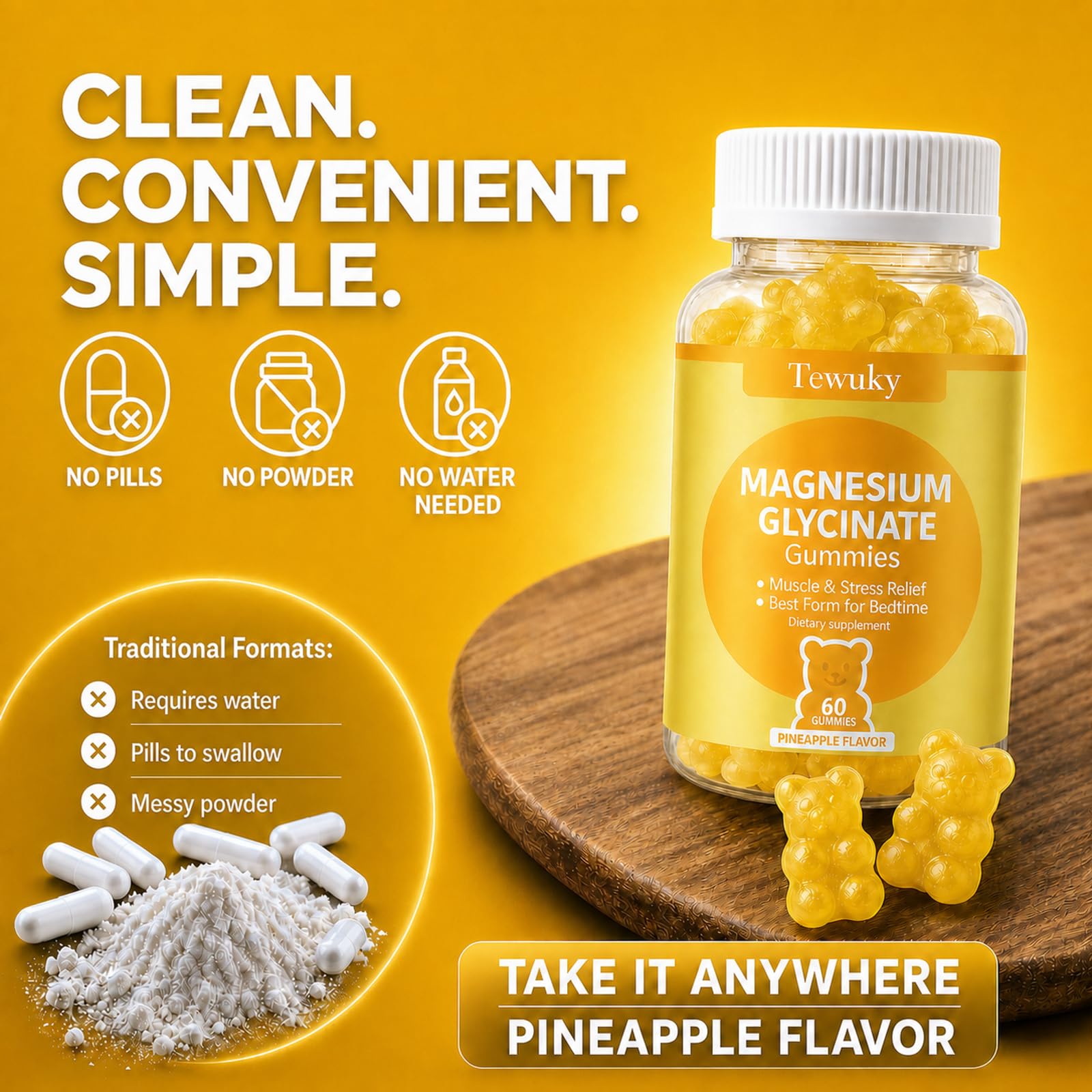 Magnesium Glycinate Gummies 2 Bottles, Sugar-Free for Adults & Kids, Magnesium Gummies for Sleep, Stress & Muscle Relief, Supports Bone & Nerve Health, Vegan, Pectin-Based, Pineapple Flavor