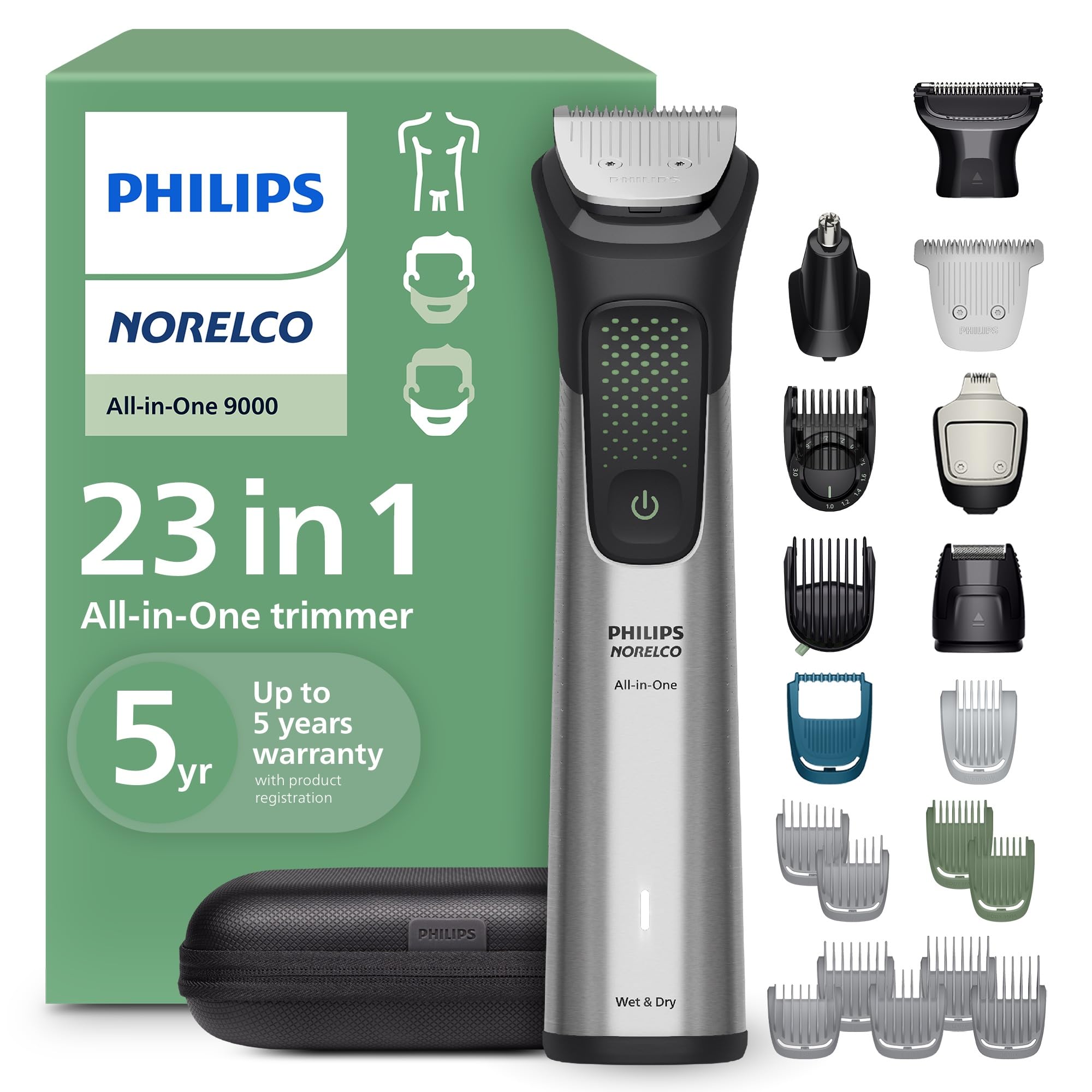 Norelco Philips All-in-One 9000 23-in-1 Trimmer, Face, Hair & Body, Steel | Beard Styler, Nose, Detail Trimmer, Body Shaver, Hair Clipper, Steel Blades, 29 lengths, 6-Hr Runtime, Showerproof, MG9575/49