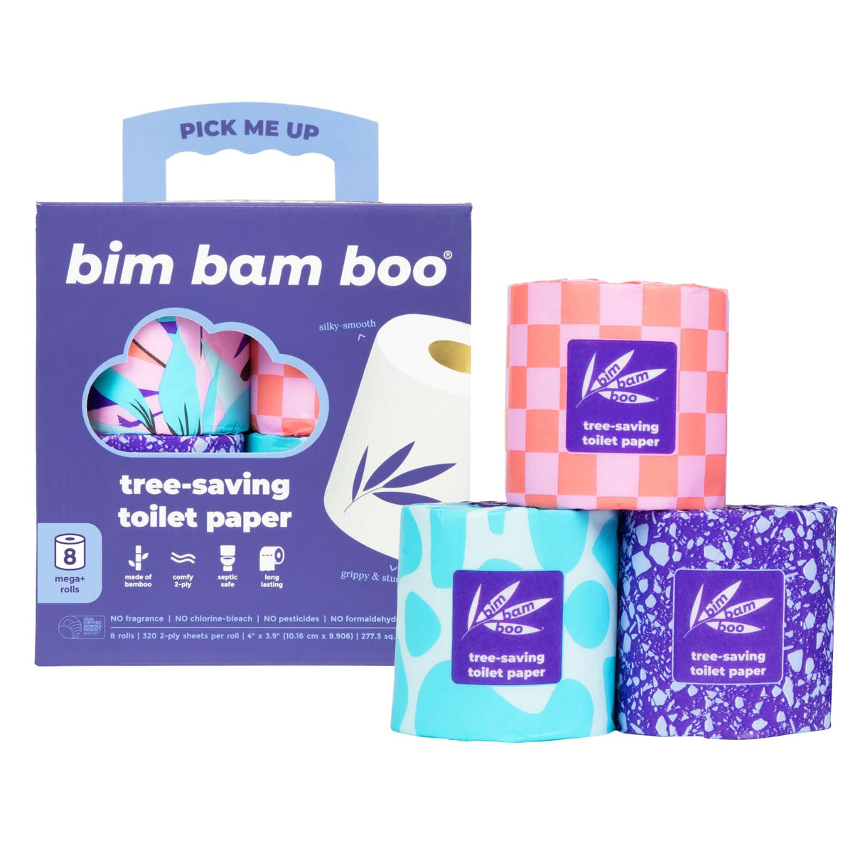 Bim Bam Boo PFAS-Free Bamboo Toilet Paper, 2-Ply, 8 Rolls, 295 Sheets Each